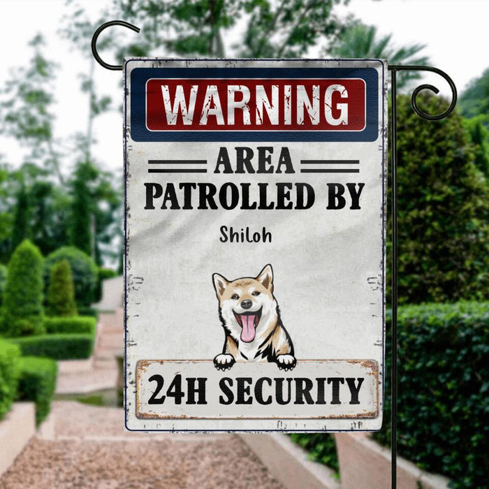 Personalized Warning Dog Flag Sign - Gift Idea For Dog Lovers - Up To 5 Dogs - Warning Area Patrolled By 24h Security