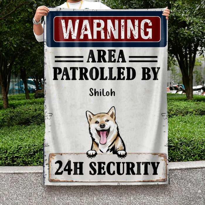Personalized Warning Dog Flag Sign - Gift Idea For Dog Lovers - Up To 5 Dogs - Warning Area Patrolled By 24h Security