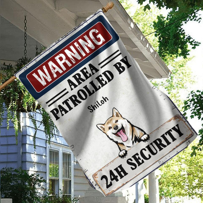 Personalized Warning Dog Flag Sign - Gift Idea For Dog Lovers - Up To 5 Dogs - Warning Area Patrolled By 24h Security