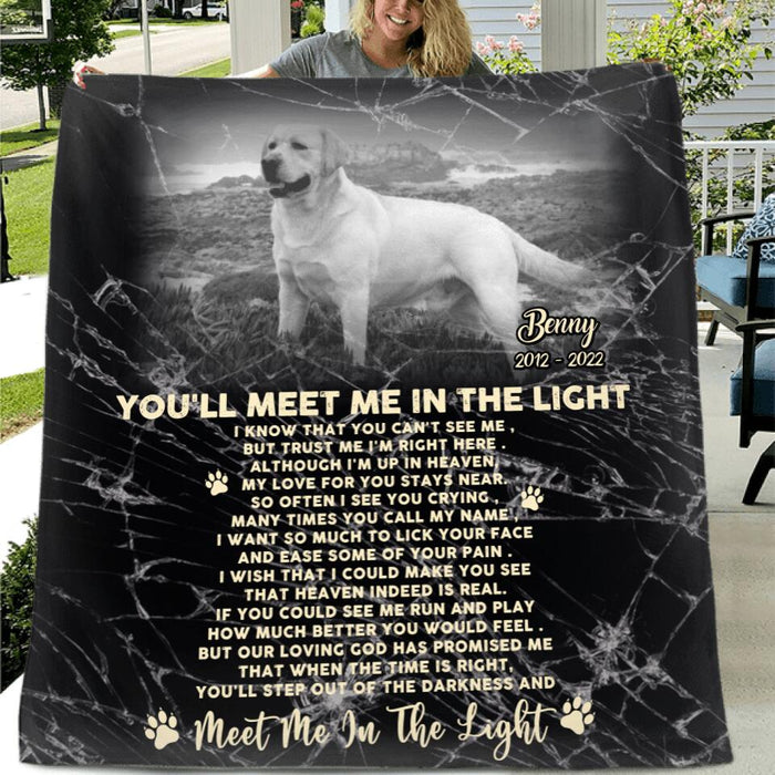 Custom Dog Photo Memorial Fleece Throw Blanket/Quilt - Memorial Gift Idea For Dog Lovers/Dog Owners - You'll Meet Me In The Light