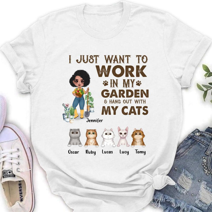Personalized Pet Garden Shirt/Hoodie- Up to 5 Pets - Funny Gardening Gift For Dog/Cat Lover - I Just Want To Work In My Garden & Hang Out With My Cats