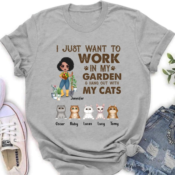 Personalized Pet Garden Shirt/Hoodie- Up to 5 Pets - Funny Gardening Gift For Dog/Cat Lover - I Just Want To Work In My Garden & Hang Out With My Cats