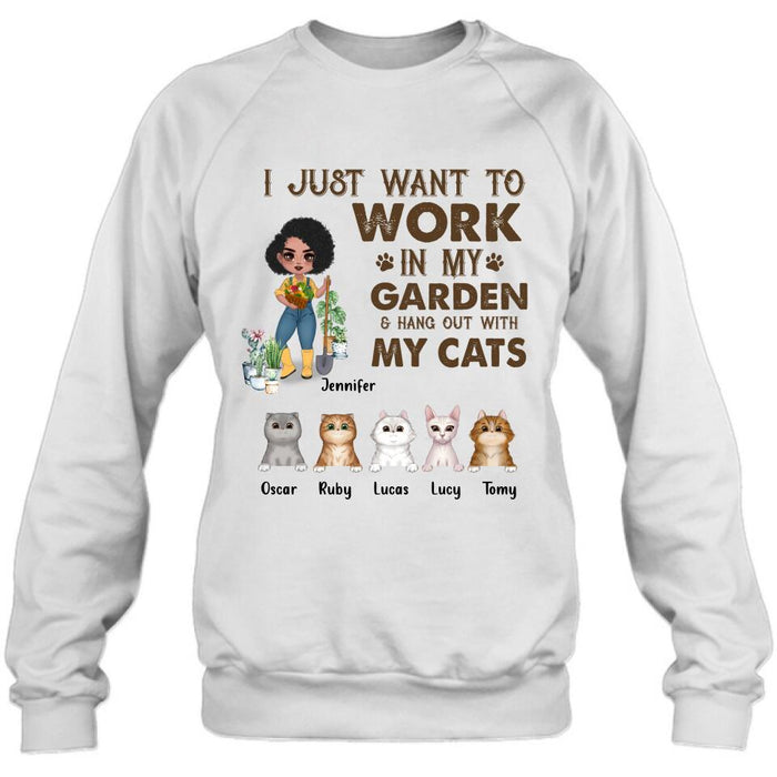 Personalized Pet Garden Shirt/Hoodie- Up to 5 Pets - Funny Gardening Gift For Dog/Cat Lover - I Just Want To Work In My Garden & Hang Out With My Cats
