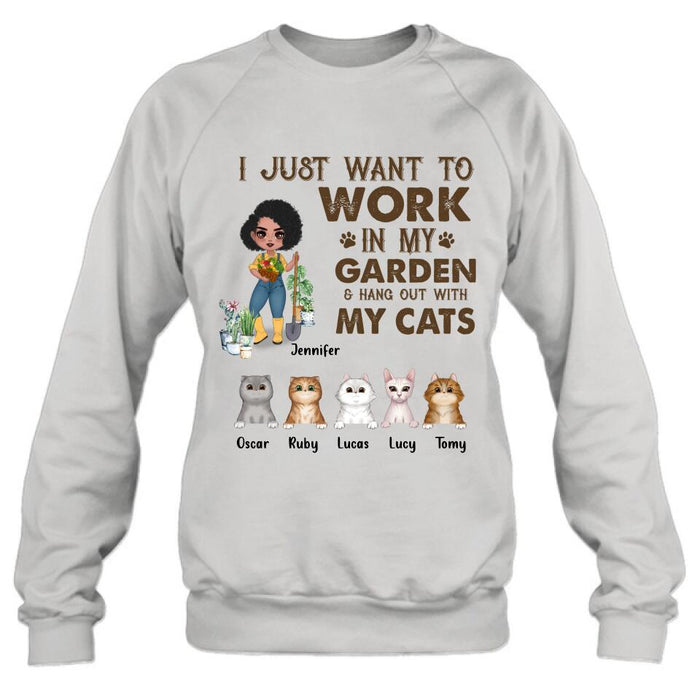 Personalized Pet Garden Shirt/Hoodie- Up to 5 Pets - Funny Gardening Gift For Dog/Cat Lover - I Just Want To Work In My Garden & Hang Out With My Cats