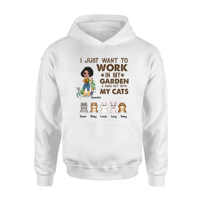 Personalized Pet Garden Shirt/Hoodie- Up to 5 Pets - Funny Gardening Gift For Dog/Cat Lover - I Just Want To Work In My Garden & Hang Out With My Cats
