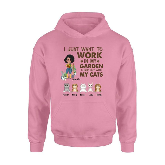 Personalized Pet Garden Shirt/Hoodie- Up to 5 Pets - Funny Gardening Gift For Dog/Cat Lover - I Just Want To Work In My Garden & Hang Out With My Cats