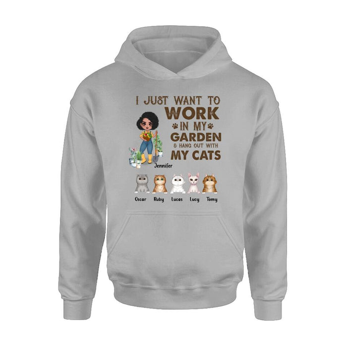 Personalized Pet Garden Shirt/Hoodie- Up to 5 Pets - Funny Gardening Gift For Dog/Cat Lover - I Just Want To Work In My Garden & Hang Out With My Cats