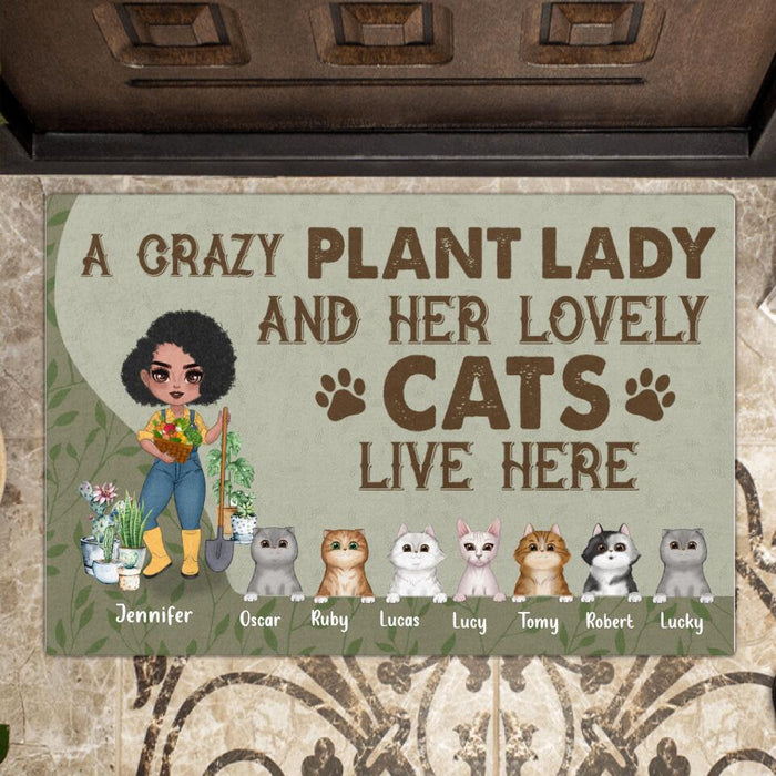 Personalized Pet Garden Doormat - Up to 7 Pets - Funny Gardening Gift For Dog/Cat Lover - A Crazy Plant Lady And Her Lovely Cats Live Here