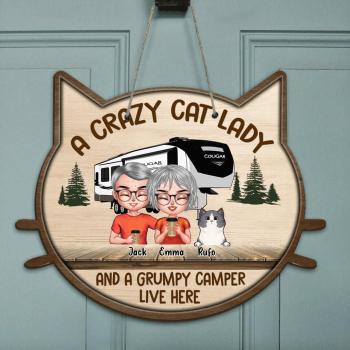 Personalized Cat Lady & Camper Door Sign - Couple With Up to 6 Cats - Best Gift For Cat Lovers/Couple - A Crazy Cat Lady And A Grumpy Camper Live Here