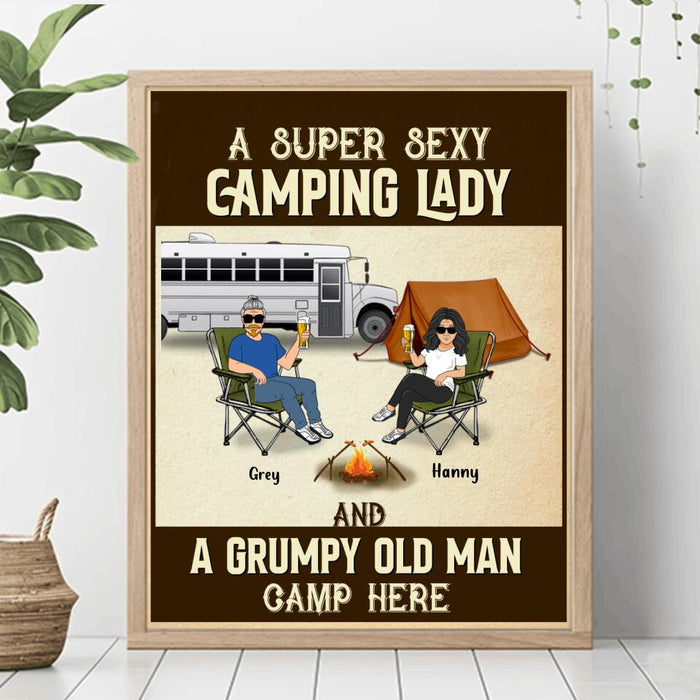 Personalized Couple Camping Poster - Couple With Up to 4 Pets - Gift Idea For Camping/Dog/Cat Lover - A Spoiled Camping Lady And Her Grumpy Husband Camp Here