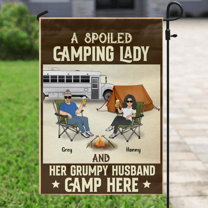 Personalized Couple Camping Flag Sign - Couple With Up to 4 Pets - Gift Idea For Camping/Dog/Cat Lover - A Spoiled Camping Lady And Her Grumpy Husband Camp Here