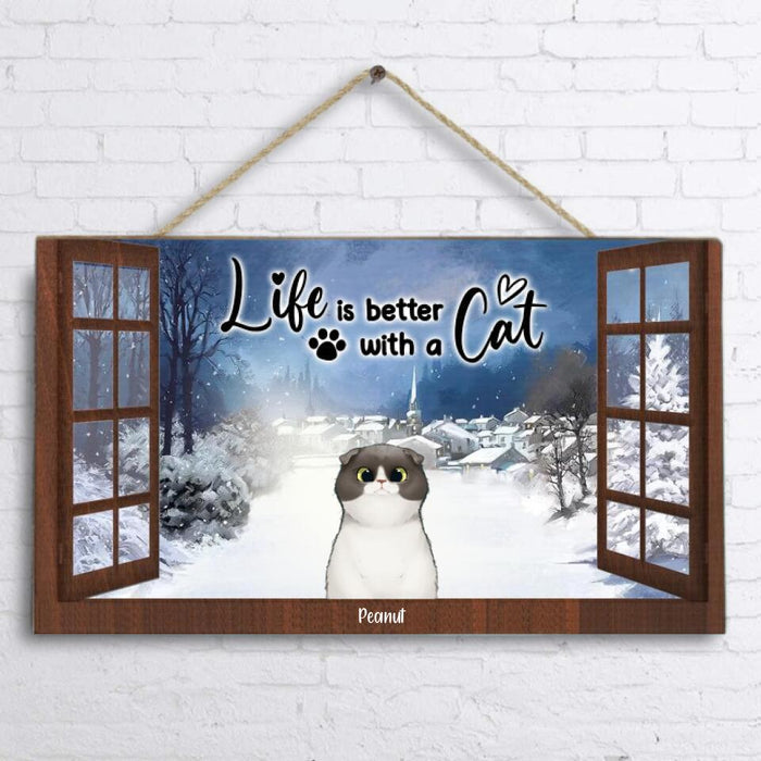 Personalized Cat And Dog Christmas By Window Door Sign - Up to 6 Pets - Best Gift For Cat/Dog Lover - Life Is Better With Cats