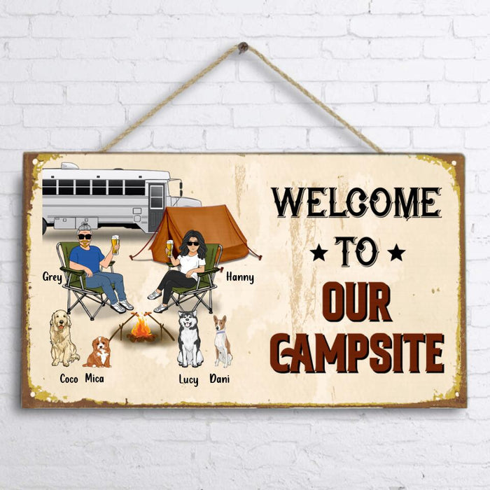 Personalized Couple Camping Door Sign - Couple With Up to 4 Pets - Gift Idea For Camping/Dog/Cat Lover - Welcome To Our Campsite