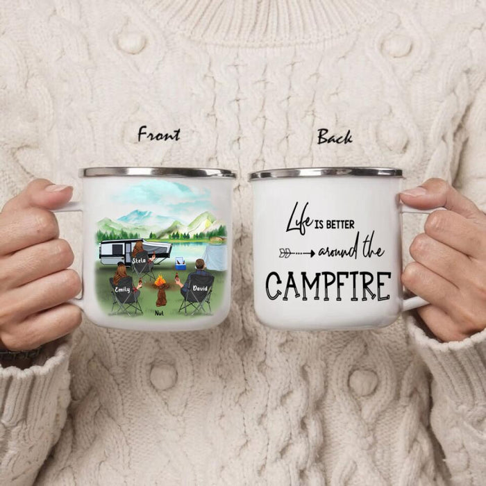 Personalized Camping Enamel Mug/Coffee Mug - 3 Aults With Pet - Best Gift For Camping Lover - Life Is Better Around The Camfire