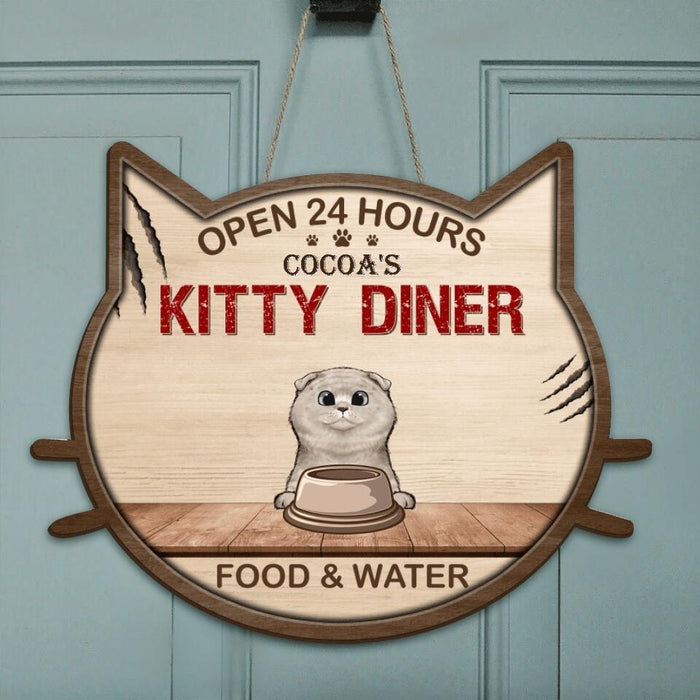 Personalized Kitty Diner Door Sign - Up to 5 Cats - Gift Idea For Cat Lover - Open 24 Hours Kitty Diner Food & Water