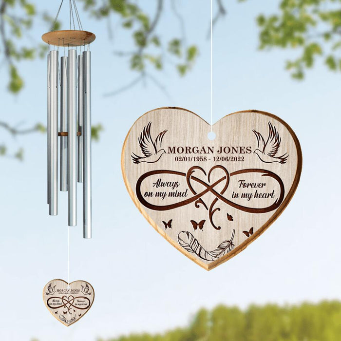 Personalized Memorial Heart Wind Chime - Gift Idea For Loss of Dad/Mom - Always On My Mind Forever In My Heart