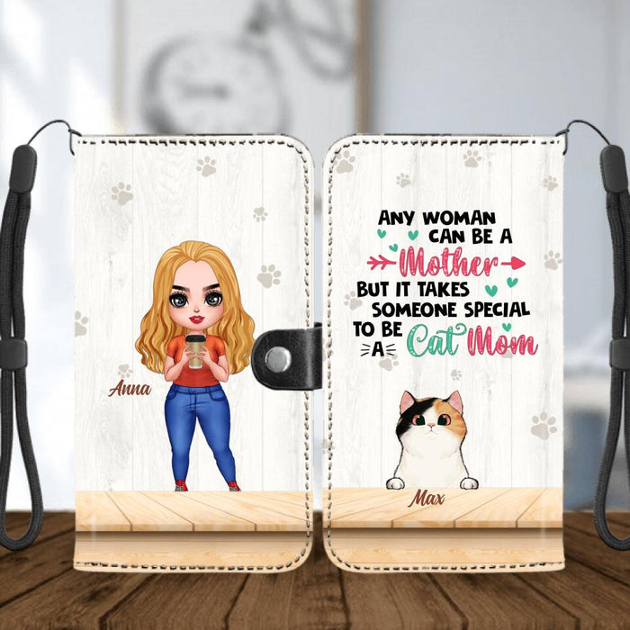 Personalized Cat Mom Chibi Flip Leather Purse - Gift Idea For Mother's Day/Cat Lovers With Up to 6 Cats - Any Woman Can Be A Mother But It Takes Someone Special To Be A Cat Mom