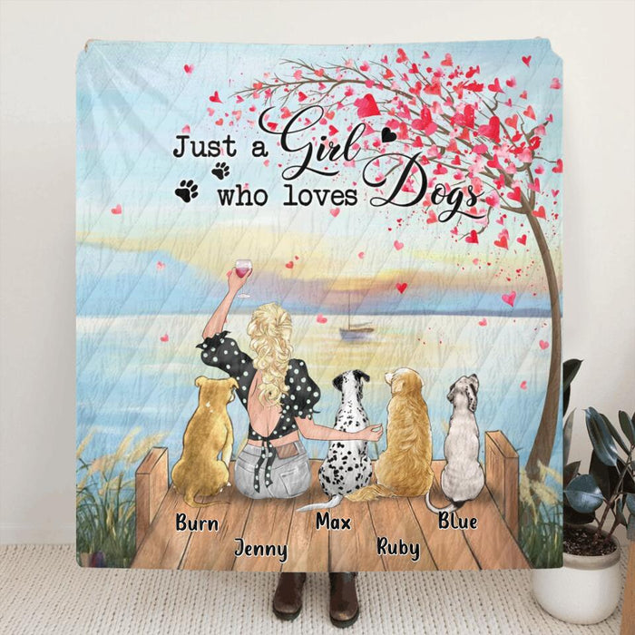 Personalized Dog Mom Fleece Throw Blanket/Quilt - Gift Idea For Dog Owner with up to 4 Dogs - Just A Girl Who Loves Dogs