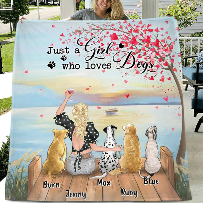 Personalized Dog Mom Fleece Throw Blanket/Quilt - Gift Idea For Dog Owner with up to 4 Dogs - Just A Girl Who Loves Dogs