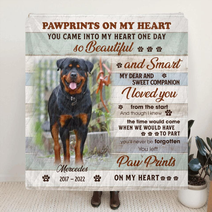 Custom Dog Photo Memorial Fleece Throw Blanket/Quilt - Memorial Gift For Dog Lovers - You Left Pawprints On My Heart