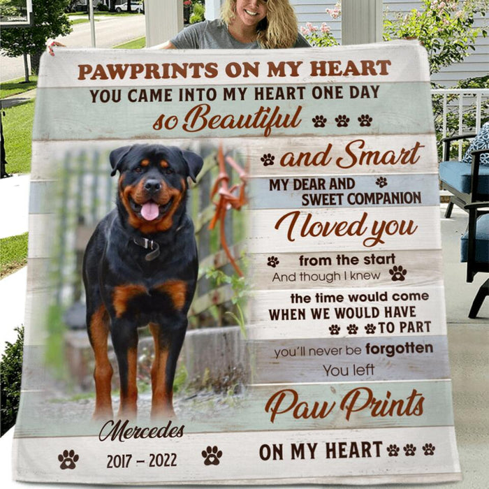 Custom Dog Photo Memorial Fleece Throw Blanket/Quilt - Memorial Gift For Dog Lovers - You Left Pawprints On My Heart