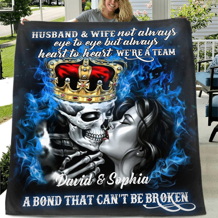 Personalized Skull Couple Fleece Throw Blanket/Quilt - Gift Idea For Couple - Husband & Wife Not Always Eye To Eye But Always Heart To Heart