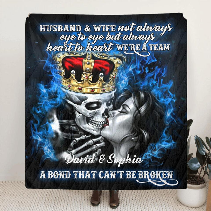Personalized Skull Couple Fleece Throw Blanket/Quilt - Gift Idea For Couple - Husband & Wife Not Always Eye To Eye But Always Heart To Heart