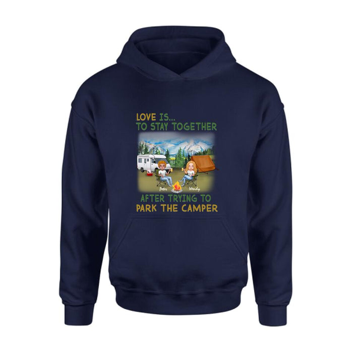 Personalized Camping Couple Chibi Shirt/Pullover Hoodie - Couple With Up to 2 Dogs - Gift Idea For Dog/Camping Lover - Love Is To Stay Together