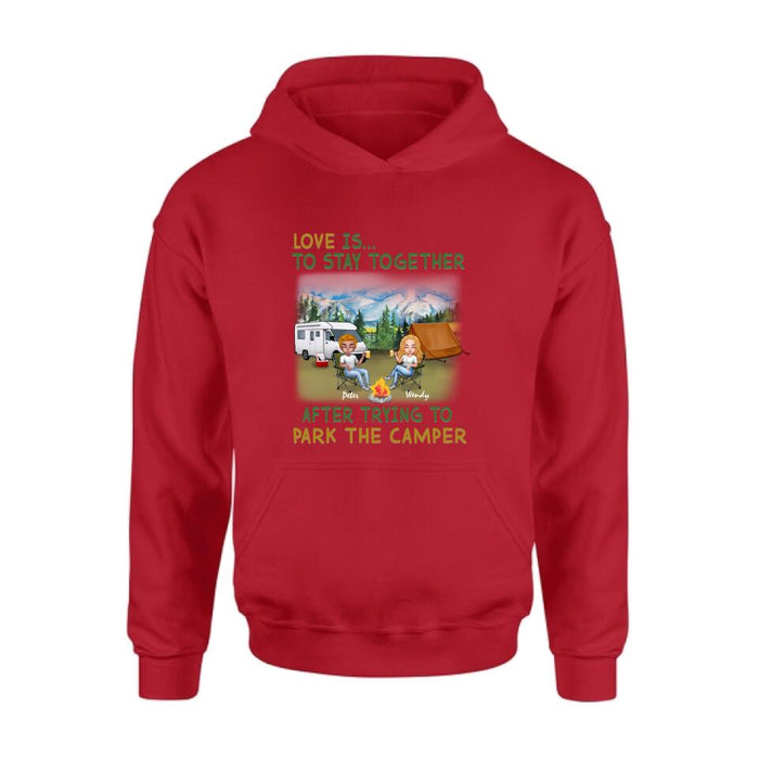Personalized Camping Couple Chibi Shirt/Pullover Hoodie - Couple With Up to 2 Dogs - Gift Idea For Dog/Camping Lover - Love Is To Stay Together