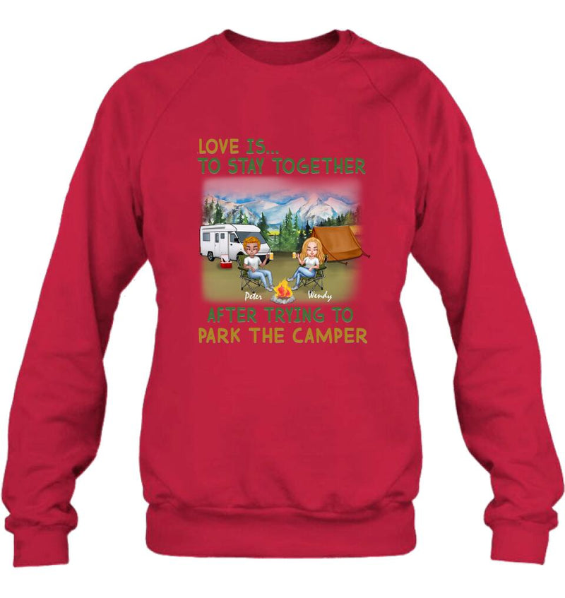Personalized Camping Couple Chibi Shirt/Pullover Hoodie - Couple With Up to 2 Dogs - Gift Idea For Dog/Camping Lover - Love Is To Stay Together