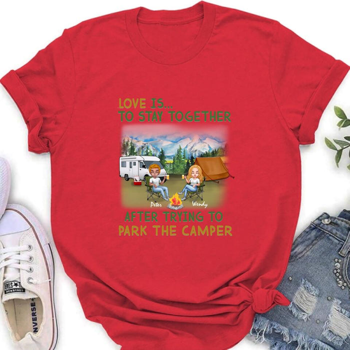 Personalized Camping Couple Chibi Shirt/Pullover Hoodie - Couple With Up to 2 Dogs - Gift Idea For Dog/Camping Lover - Love Is To Stay Together
