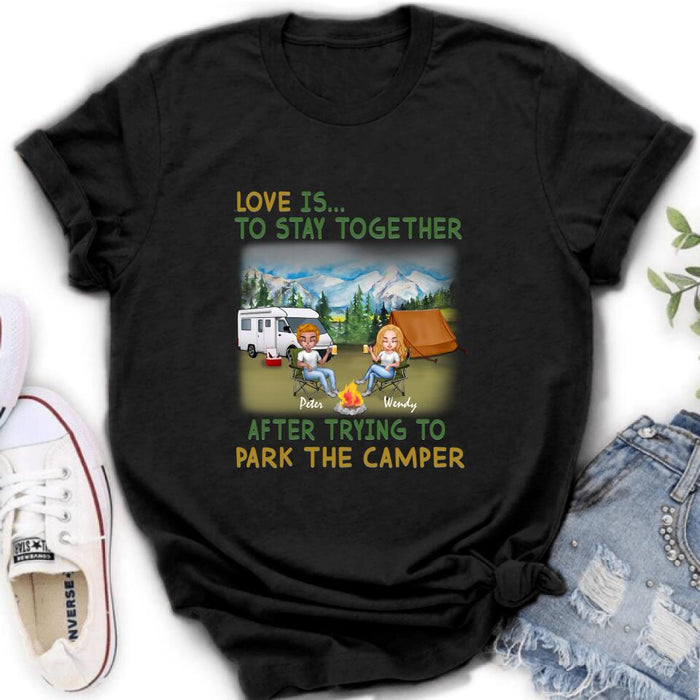 Personalized Camping Couple Chibi Shirt/Pullover Hoodie - Couple With Up to 2 Dogs - Gift Idea For Dog/Camping Lover - Love Is To Stay Together