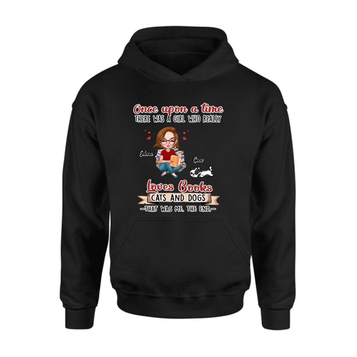Personalized Reading Girl Shirt/Pullover Hoodie/Sweatshirt/Long Sleeve - Girl With Up to 4 Pets - Gift Idea For Book/Cat/Dog Lover - Loves Books, Cats And Dogs That Was Me