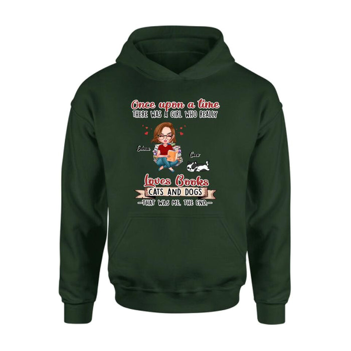 Personalized Reading Girl Shirt/Pullover Hoodie/Sweatshirt/Long Sleeve - Girl With Up to 4 Pets - Gift Idea For Book/Cat/Dog Lover - Loves Books, Cats And Dogs That Was Me