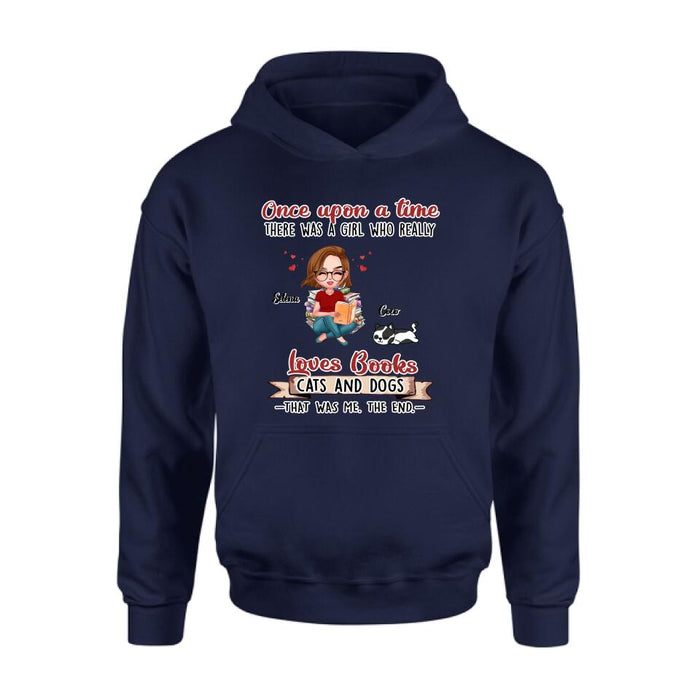 Personalized Reading Girl Shirt/Pullover Hoodie/Sweatshirt/Long Sleeve - Girl With Up to 4 Pets - Gift Idea For Book/Cat/Dog Lover - Loves Books, Cats And Dogs That Was Me