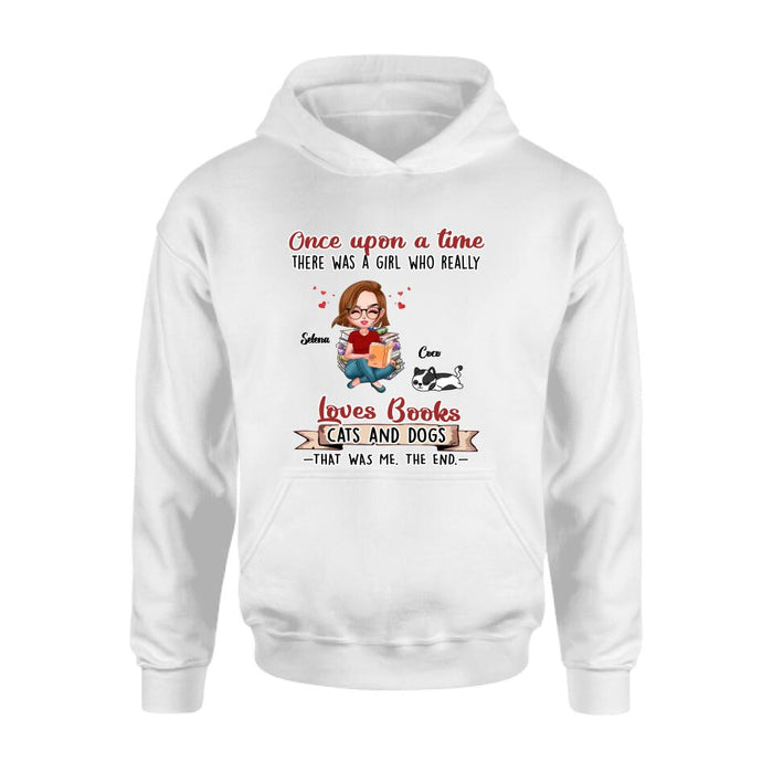 Personalized Reading Girl Shirt/Pullover Hoodie/Sweatshirt/Long Sleeve - Girl With Up to 4 Pets - Gift Idea For Book/Cat/Dog Lover - Loves Books, Cats And Dogs That Was Me