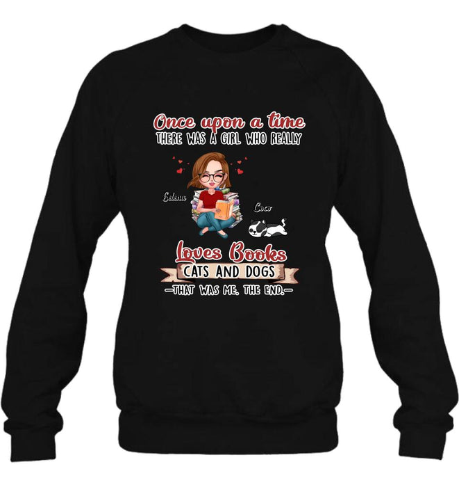 Personalized Reading Girl Shirt/Pullover Hoodie/Sweatshirt/Long Sleeve - Girl With Up to 4 Pets - Gift Idea For Book/Cat/Dog Lover - Loves Books, Cats And Dogs That Was Me