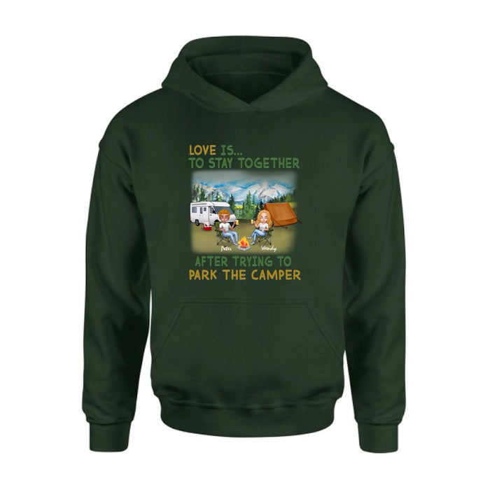 Personalized Camping Couple With Dog Shirt/Pullover Hoodie - Couple With Up to 3 Dogs - Gift Idea For Dog/Camping Lover - Home Is Where We Park It