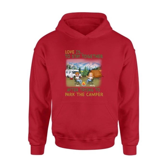 Personalized Camping Couple With Dog Shirt/Pullover Hoodie - Couple With Up to 3 Dogs - Gift Idea For Dog/Camping Lover - Home Is Where We Park It