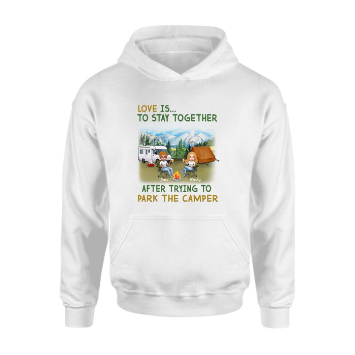 Personalized Camping Couple With Dog Shirt/Pullover Hoodie - Couple With Up to 3 Dogs - Gift Idea For Dog/Camping Lover - Home Is Where We Park It