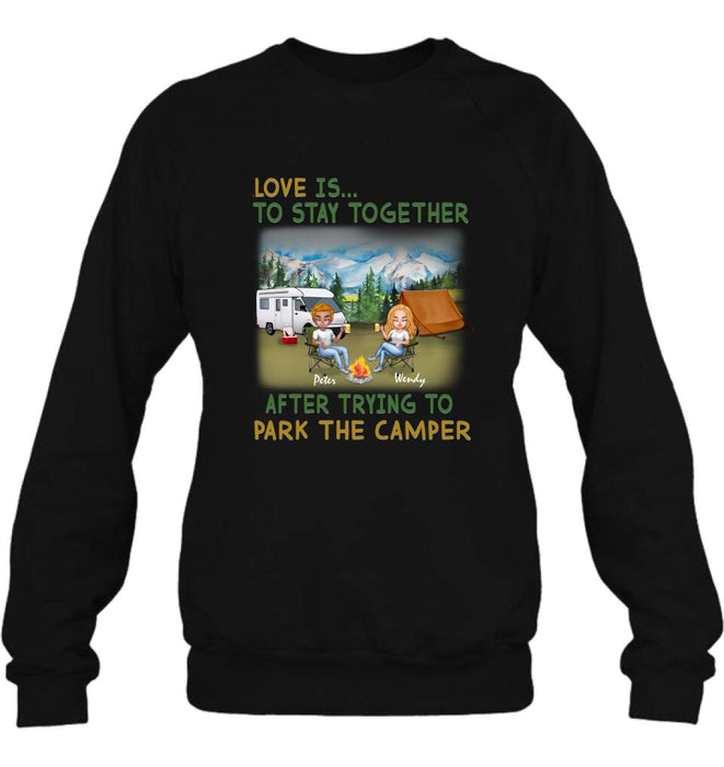 Personalized Camping Couple With Dog Shirt/Pullover Hoodie - Couple With Up to 3 Dogs - Gift Idea For Dog/Camping Lover - Home Is Where We Park It