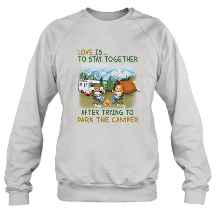 Personalized Camping Couple With Dog Shirt/Pullover Hoodie - Couple With Up to 3 Dogs - Gift Idea For Dog/Camping Lover - Home Is Where We Park It