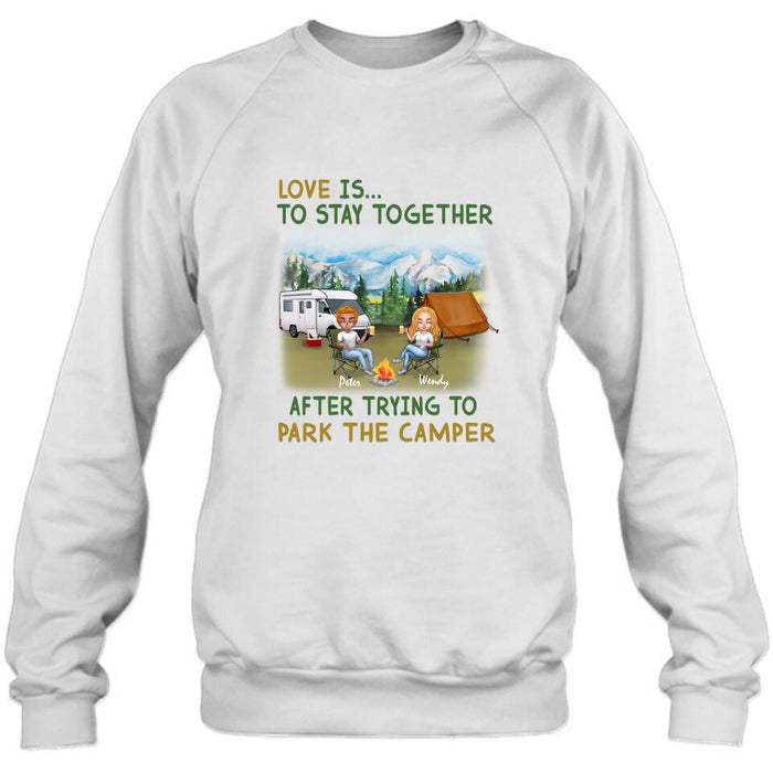 Personalized Camping Couple With Dog Shirt/Pullover Hoodie - Couple With Up to 3 Dogs - Gift Idea For Dog/Camping Lover - Home Is Where We Park It