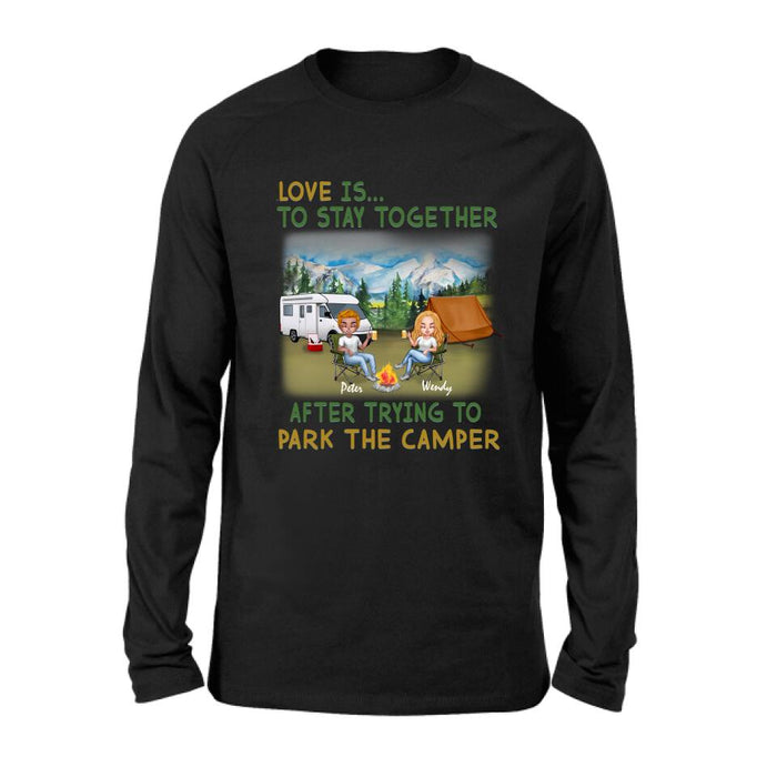 Personalized Camping Couple With Dog Shirt/Pullover Hoodie - Couple With Up to 3 Dogs - Gift Idea For Dog/Camping Lover - Home Is Where We Park It