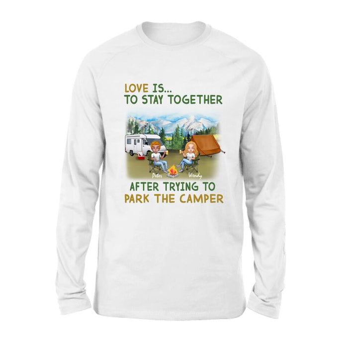 Personalized Camping Couple With Dog Shirt/Pullover Hoodie - Couple With Up to 3 Dogs - Gift Idea For Dog/Camping Lover - Home Is Where We Park It
