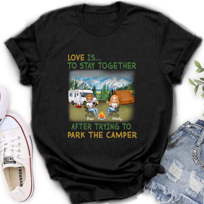 Personalized Camping Couple With Dog Shirt/Pullover Hoodie - Couple With Up to 3 Dogs - Gift Idea For Dog/Camping Lover - Home Is Where We Park It