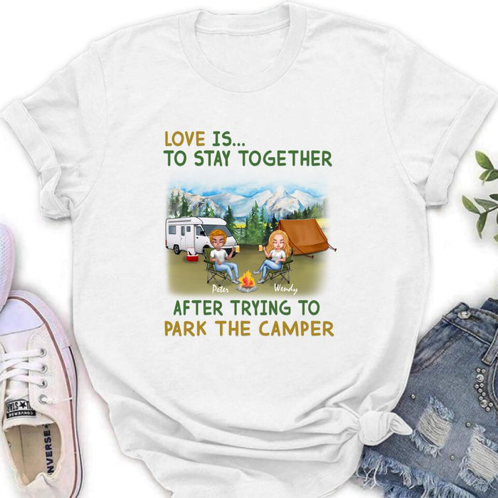 Personalized Camping Couple With Dog Shirt/Pullover Hoodie - Couple With Up to 3 Dogs - Gift Idea For Dog/Camping Lover - Home Is Where We Park It