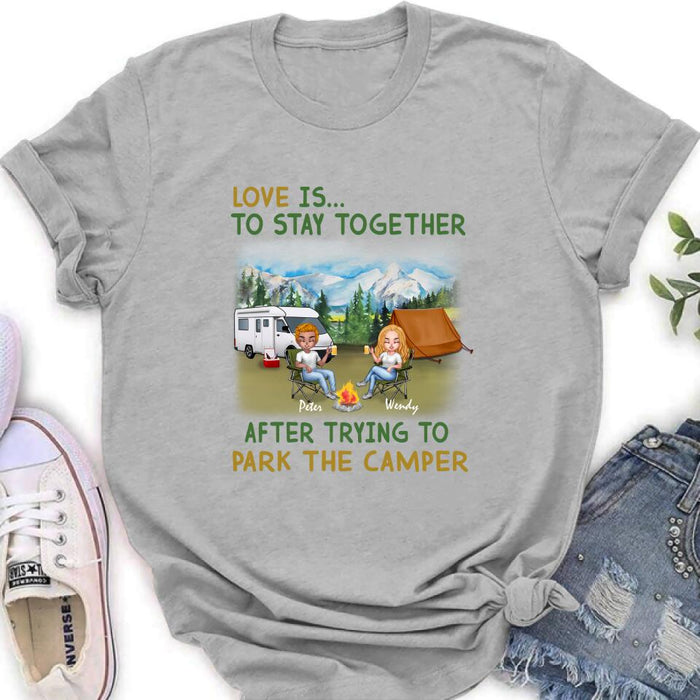 Personalized Camping Couple With Dog Shirt/Pullover Hoodie - Couple With Up to 3 Dogs - Gift Idea For Dog/Camping Lover - Home Is Where We Park It