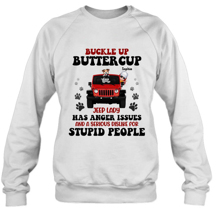 Personalized Off-road Lady Shirt/Pullover Hoodie - Up to 5 Dogs - Gift Idea For Dog/Off-road Lover - Buckle Up Buttercup