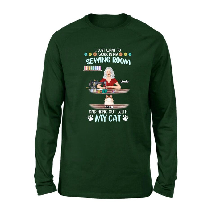 Personalized Cat Mom Sewing Shirt/Hoodie - Gift Idea For Cat and Sewing Lovers/Mother's Day - Up to 6 Cats - I Just Want To Work In My Sewing Room And Hang Out With My Cat